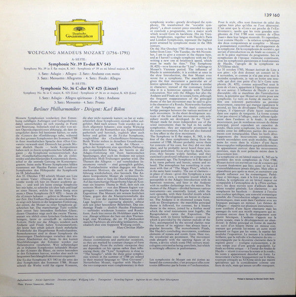 Wolfgang Amadeus Mozart • Karl Böhm, Berliner Philharmoniker : Symphonien Nr. 39 Es-Dur • Nr. 36 »Linzer« (LP, RE, RP)