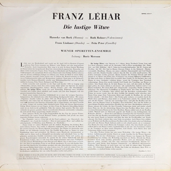 Franz Lehár, Hanneke van Bork, Ruth Rohner, Franz Lindauer, Fritz Peter, Wiener Operetten-Ensemble, Boris Mersson : Die Lustige Witwe (LP)