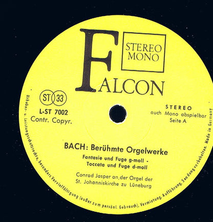 Johann Sebastian Bach, Conrad Jasper : Conrad Jasper Spielt Auf Der Orgel St. Johanniskirche Zu Lüneburg Werke Von Bach (LP)