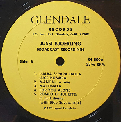 Jussi Björling : Fabulous Radio Performances 20th Anniversary Tribute 1911-1960 (LP, Album, Comp)