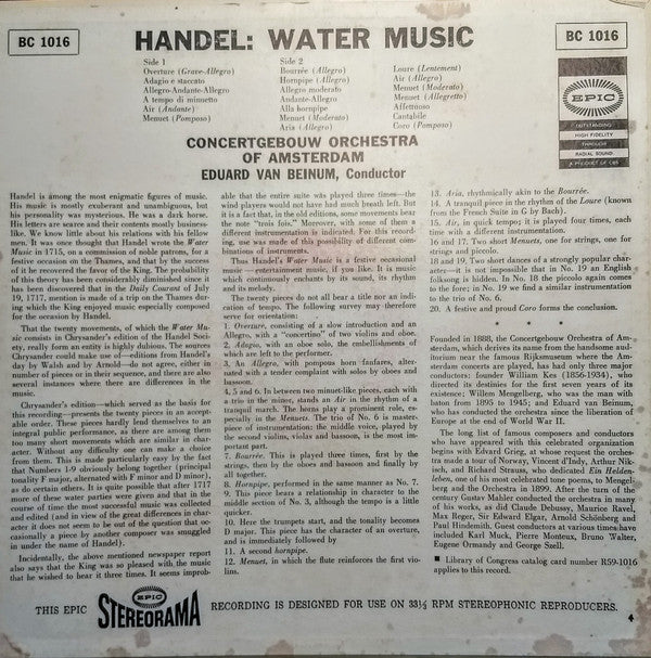 Georg Friedrich Händel / Concertgebouworkest, Eduard van Beinum : Water Music (LP)