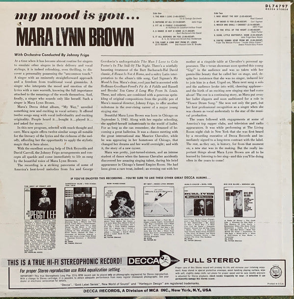 Mara Lynn Brown Orchestra Directed John Frigo : My Mood Is You... (LP, Album)