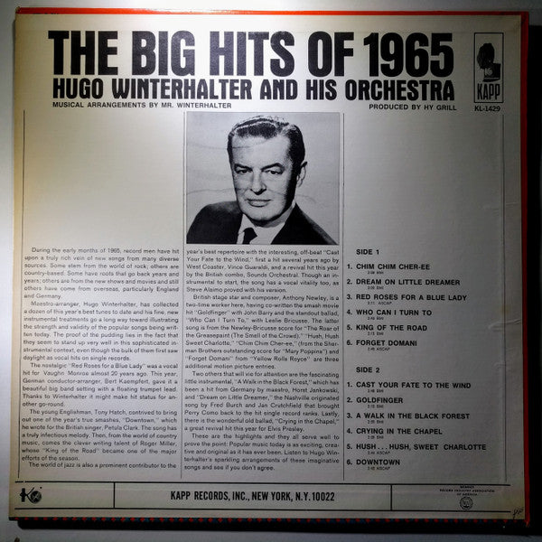 Hugo Winterhalter Orchestra : The Big Hits Of 1965 (LP, Comp, Mono, All)