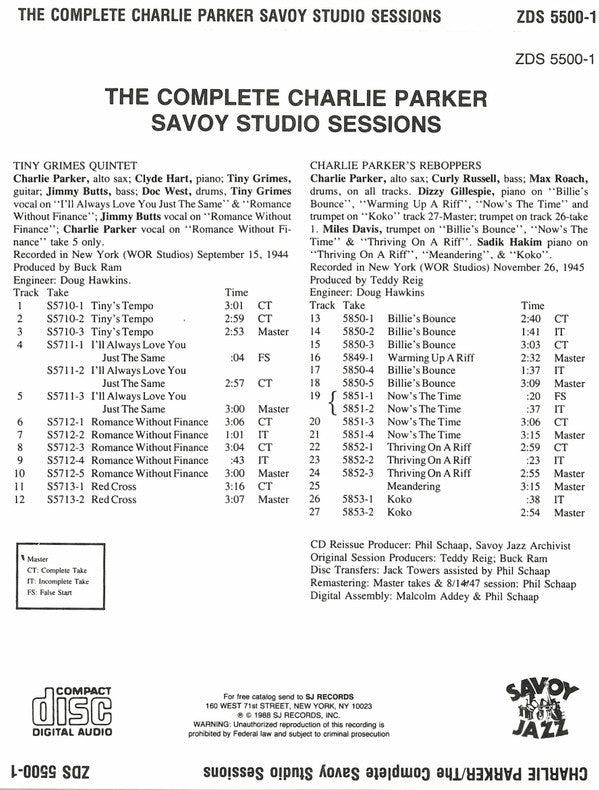 Charlie Parker : The Complete Savoy Studio Sessions (3xCD, Comp, RM + Box, RE)