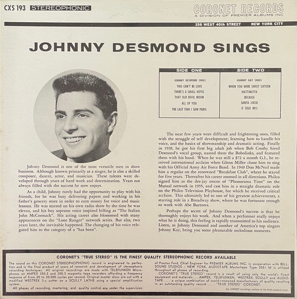 Johnny Desmond With Johnny Kay : Johnny Desmond Sings (LP, Album)