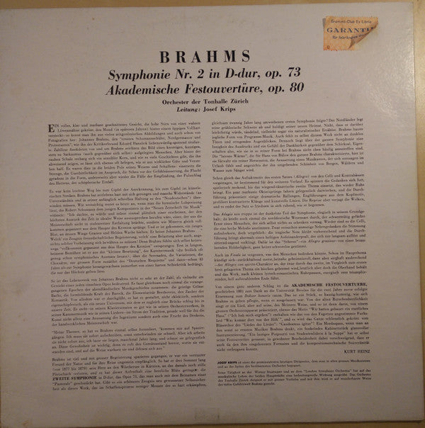 Johannes Brahms, Tonhalle-Orchester Zürich Leitung: Josef Krips : Symphonie Nr. 2 In D-dur Op. 73 / Akademische Festouvertüre (LP)