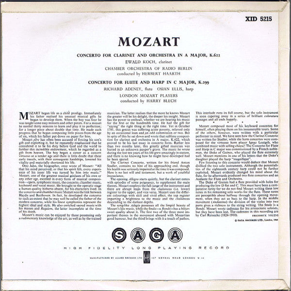 Wolfgang Amadeus Mozart : Concerto For Clarinet & Orchestra In A Major, K 622 / Concerto For Flute & Harp In C Major, K 299 (LP, Mono)