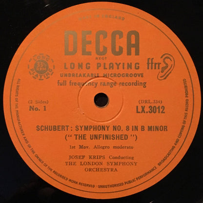 Josef Krips / The London Symphony Orchestra : Schuberts Unfinished Symphony - Symphony Number Eight In B Minor (10", Mono)