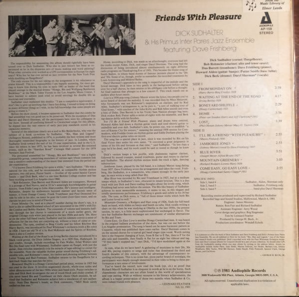 Richard M. Sudhalter & His Primus Inter Pares Jazz Ensemble , Featuring  Dave Frishberg : Friends With Pleasure (LP, Album)