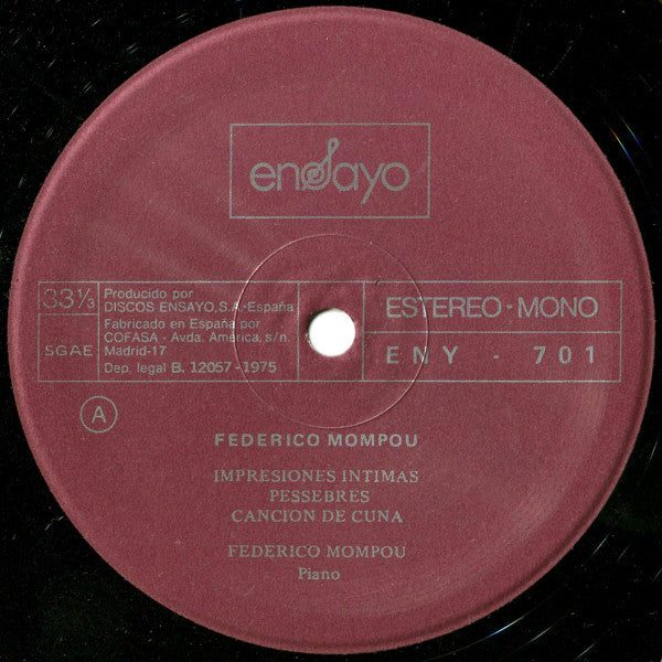 Frederic Mompou : Mompou Interpreta Mompou Disco 1 (LP, Album, RE)