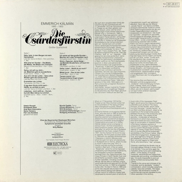 Emmerich Kálmán, Anneliese Rothenberger, Nicolai Gedda, Olivera Miljakovic, Willi Brokmeier, Wolfgang Anheisser : Die Csárdásfürstin (Großer Querschnitt) (LP, RE)