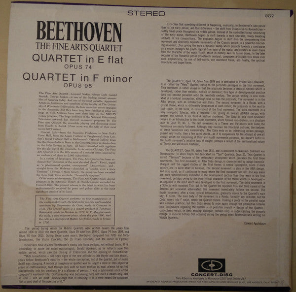 Ludwig Van Beethoven, The Fine Arts Quartet : Quartet In E Flat Opus 74 / Quartet In F Minor Opus 95 (LP)