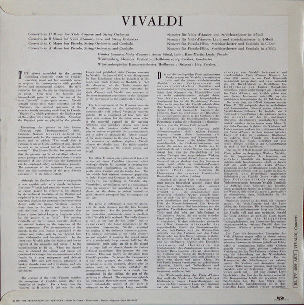 Antonio Vivaldi, Hans-Martin Linde, Günther Lemmen, Anton Stingl : Concerti pour Viole D'Amour, Luth, Piccolo (LP, Album)