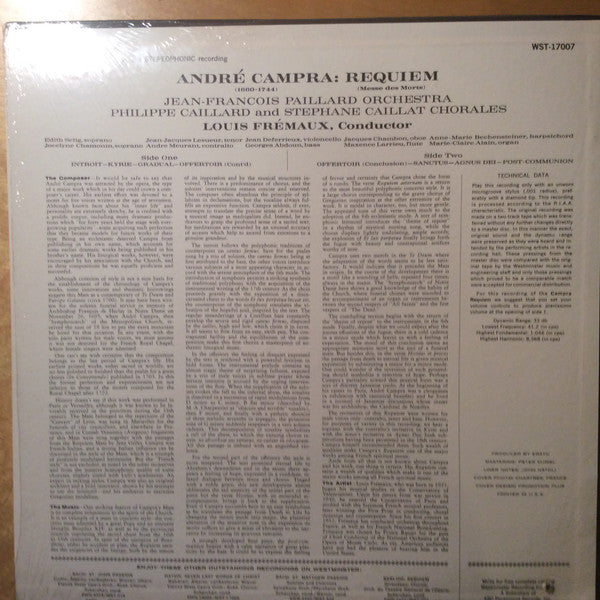 André Campra - Chorale Philippe Caillard, Orchestre De Chambre Jean-François Paillard, Louis Frémaux : Requiem (LP)