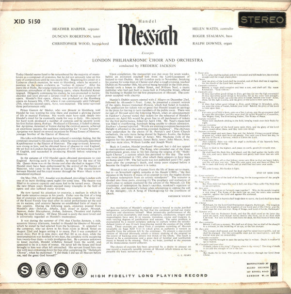 Georg Friedrich Händel - The London Philharmonic Choir And The London Philharmonic Orchestra Conducted By Frederick Jackson : Messiah (Excerpts) (LP, Album)