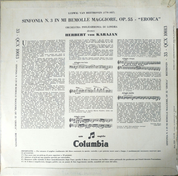 Ludwig van Beethoven, Herbert von Karajan, Philharmonia Orchestra : Sinfonia N.3 In Mi Bemolle Maggiore, Op. 55 "Eroica" (LP, Album, Mono)