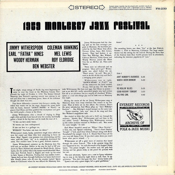 Jimmy Witherspoon, Coleman Hawkins, Earl Hines, Mel Lewis, Woody Herman, Roy Eldridge, Ben Webster : 1959 Monterey Jazz Festival (LP, Album)