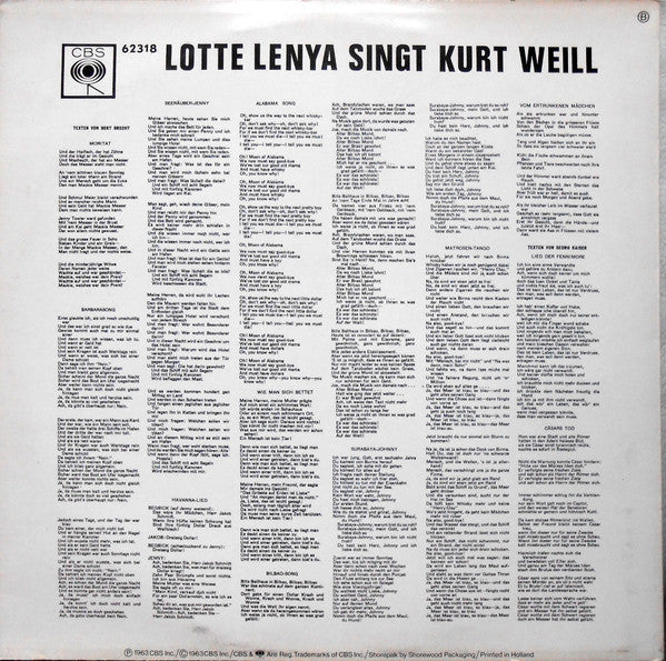 Lotte Lenya : Lotte Lenya Singt Kurt Weill (LP, RE)