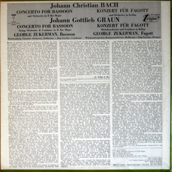 Johann Christian Bach, Johann Gottlieb Graun, George Zukerman : Concerto For Bassoon In E Flat Major / Concerto For Bassoon In B Flat Major (LP)