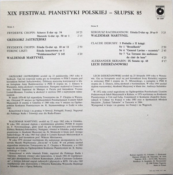 Grzegorz Jastrzębski / Waldemar Martynel / Lech Dzierżanowski : XIX Festiwal Pianistyki Polskiej - Słupsk 85 (LP)