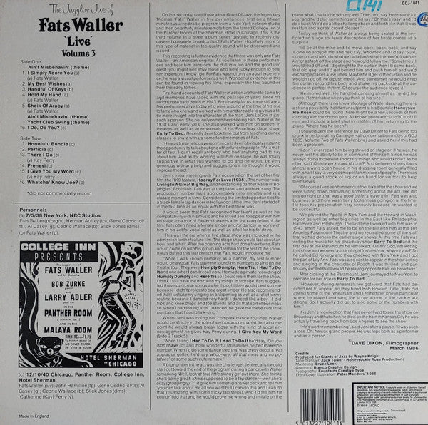 Fats Waller : The Jugglin' Jive Of Fats Waller 'Live' Volume 3 (LP, Album, Mono)